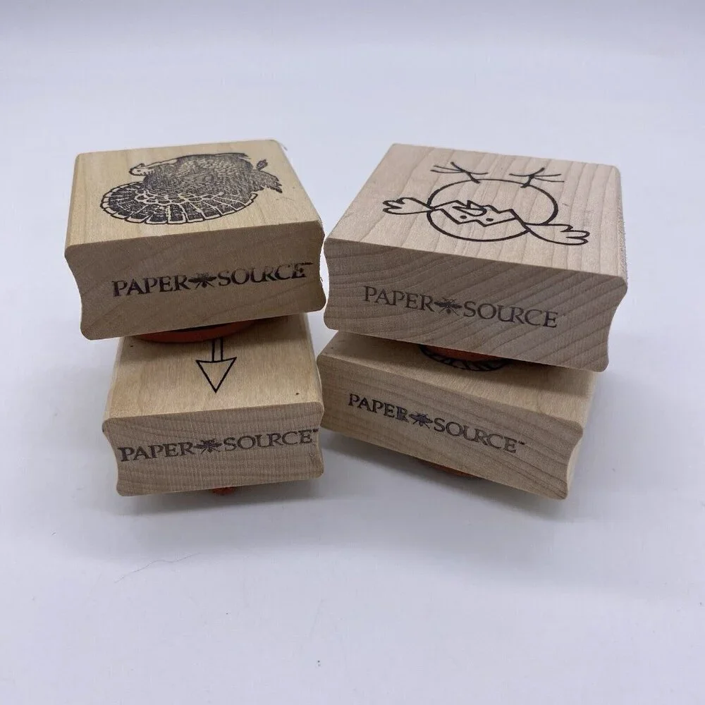 Paper Source Rubber Stamp Lot of 4 Wood Mounted Owl Arrow Turkey Chick in Egg